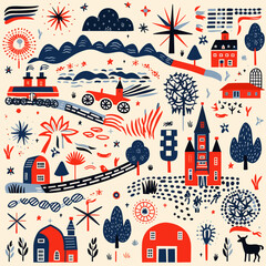 Fototapeta premium American country pattern pattern, background, hand-drawn cartoon flat art Illustrations in minimalist vector style