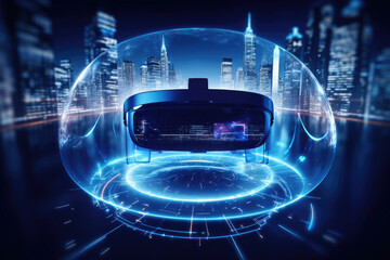 Futuristic background with vr helmet and city hologram. Metaverse and digital world simulation concept