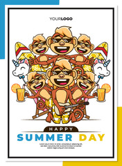 happy summer poster with monkey in the beach vector character