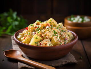 Classic American potato salad served on the table and ready to eat.