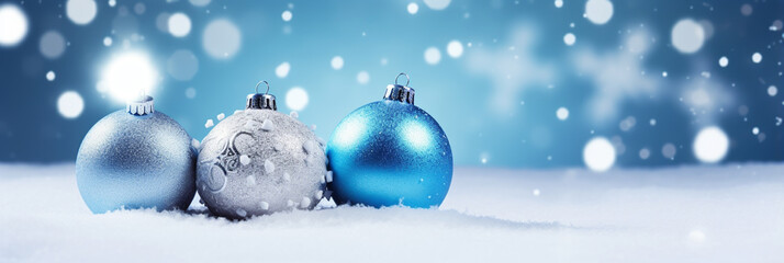 Obraz na płótnie Canvas panorama with Christmas balls on the snow. Christmas card. Generative Ai