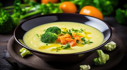 Spicy vegetable soup with in a bowl. Cauliflower, broccoli, carrots.