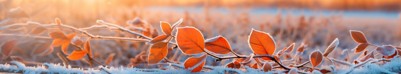 tree branch with autumn orange leaves covered with frost on a frosty morning, banner. Generative Ai - obrazy, fototapety, plakaty