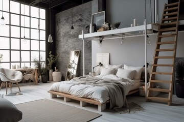 Modern interior design with a trendy loft bedroom. Generative AI