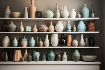 A collection of ceramic vases displayed on a shelf. Generative AI - obrazy, fototapety, plakaty