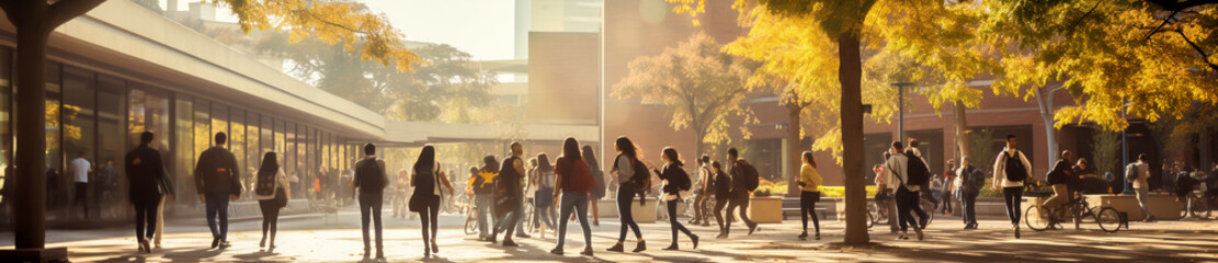 Sunny day, a group of students rush to their college classes. Generative Ai - obrazy, fototapety, plakaty