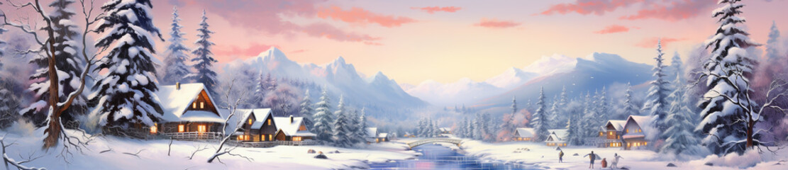Christmas card panorama with a view of the village in the winter forest. Generative Ai