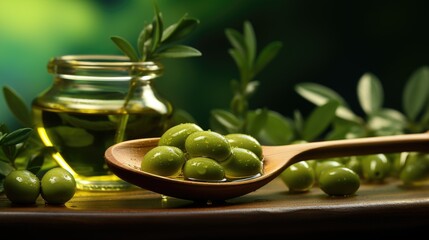 Olive oil pours from a wooden spoon with olives