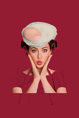 Picture collage of lovely pretty woman with poultry fried egg on her head hands touch cheeks...