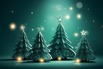 Christmas holiday banner with paper cut style fir-tree and glowing lights. New year background. Generative AI. - obrazy, fototapety, plakaty