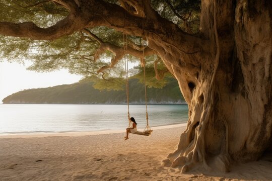 young girl relaxing on the beach, swinging on a tree swing
