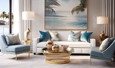 Fototapeta na wymiar Coastal interior design for a modern living room featuring an elegant sofa, framed artwork, a table, and various accessories