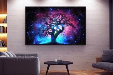 Abstract tree with neon light on fantasy frame against starry night sky in the forest with background of milky way galaxy for room decor. Generative AI