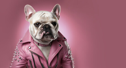 Bulldog dog as a punk rock heavy metal wearing pink leather jacket and cool jewelry. Generative AI. - obrazy, fototapety, plakaty