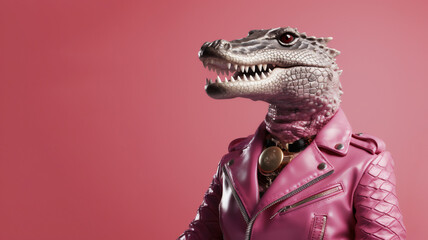 Agressive cool alligator as a punk rock heavy metal wearing pink leather jacket and jewelry. Generative AI.