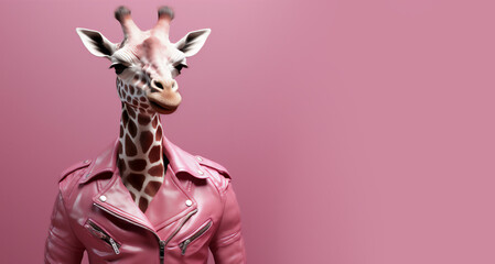 Giraffe as a punk rock heavy metal wearing provocative  pink leather jacket portrait. Generative AI. - obrazy, fototapety, plakaty