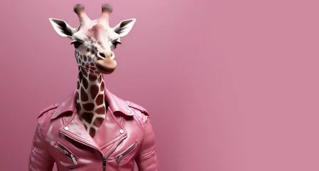 Schilderijen op glas Giraffe as a punk rock heavy metal wearing provocative  pink leather jacket portrait. Generative AI. © Borisovna.art
