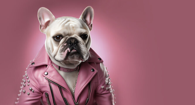 Bulldog Dog As A Punk Rock Heavy Metal Wearing Pink Leather Jacket And Cool Jewelry. Generative AI.