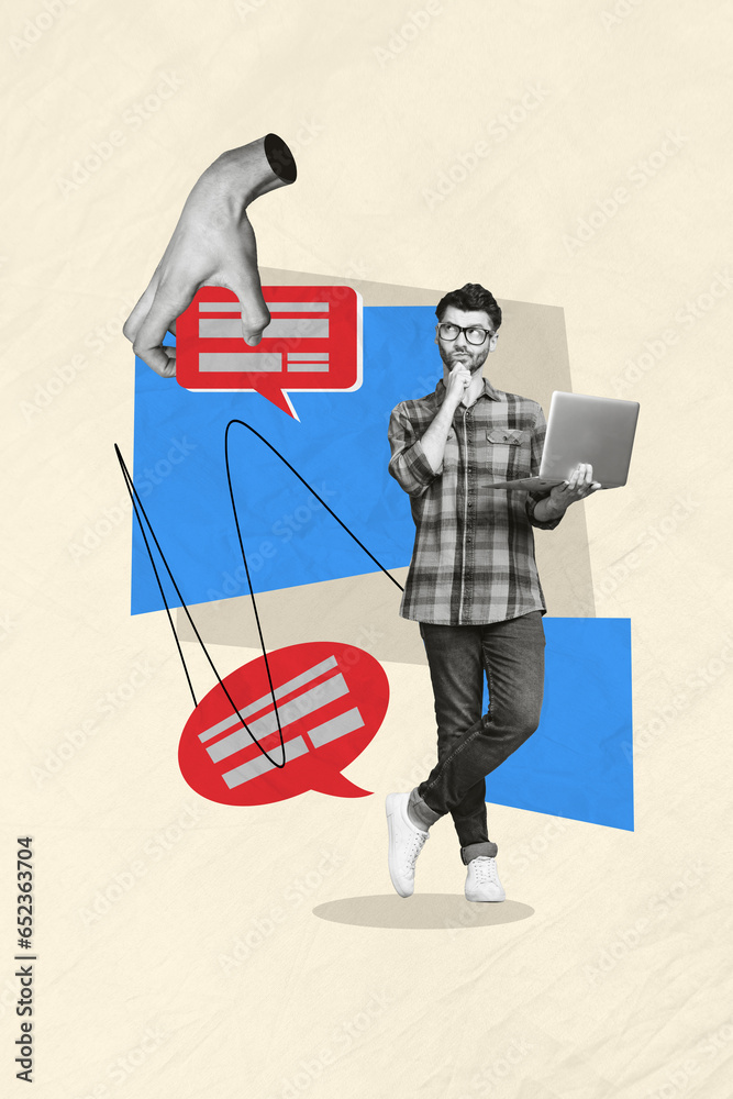 Poster picture collage artwork of minded thoughtful man geek hold wireless netbook write answer letter isol