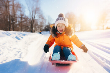 happy little girl sledding down the hill on sunny winter day - obrazy, fototapety, plakaty
