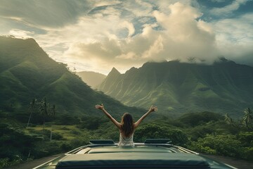 young girl standing in the car and raising both hands with cheerful happiness, looking at the view as the traveler - obrazy, fototapety, plakaty