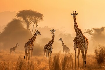 group of giraffes in the grass field in the morning