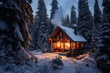 Cozy winter cabin nestled in a snowy forest, smoke goes out of a funnel. Beautiful illustration picture
