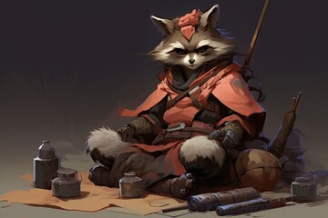 Fototapeta premium Cute anthropomorphic raccoon character, japan style. Beautiful illustration picture