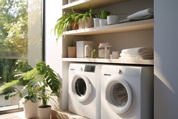 A modern laundry room with a washer and dryer side by side - obrazy, fototapety, plakaty