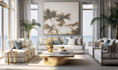 Coastal interior design for a modern living room featuring an elegant sofa, framed artwork, a table, and various accessories