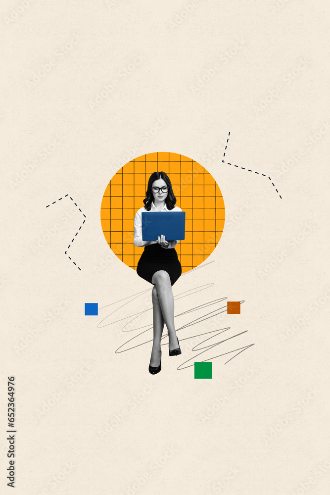 Aufkleber picture vertical collage of successful working lady entrepreneur sitting writing texting sms wireles