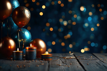 Beautiful candles lit at night to celebrate Christmas and New Year holidays in winter season. Beatiful bokeh background.