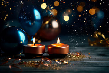 Beautiful candles lit at night to celebrate Christmas and New Year holidays in winter season. Beatiful bokeh background.