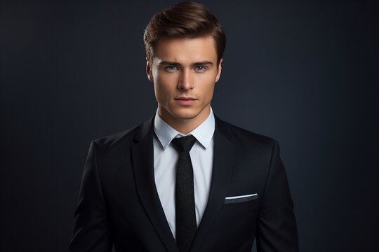 Generative AI picture photo of handsome confident young businessman gentleman model appearance isolated on dark grey background