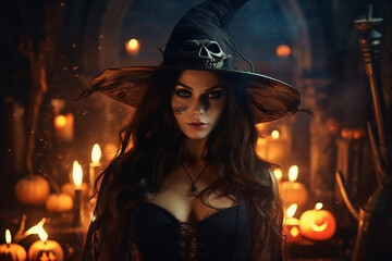 Fototapeta premium Generative ai collage photo of dark witch doing black magic ritual in halloween midnight