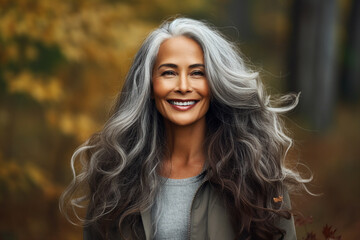 Naklejka premium Generative AI technology picture of gorgeous grey haired woman walking autumn park