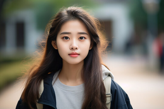 Generative AI photography of young asian charming girl walking city streets looking camera