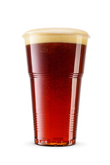 Dark porter beer in plastic disposable cup isolated. Transparent PNG image.