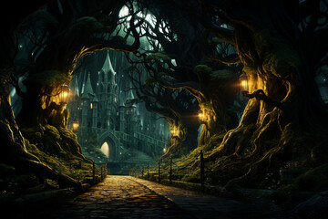 Fairy tale archway with magic light through an enchanted forest generative AI picture - obrazy, fototapety, plakaty