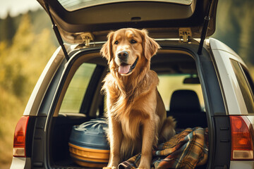 Generative AI picture of funny dog sitting in car trunk ready for summer vacation trip