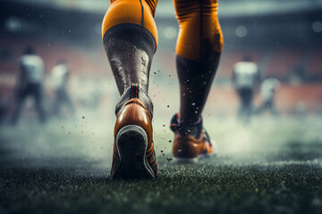 Close up picture of soccer cleats on muddy green field generative AI concept