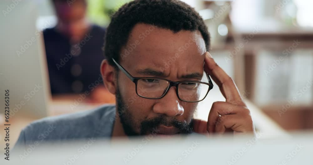 Poster Confused, businessman and reading on computer in office with email, communication or feedback in online report. Black man, thinking and doubt for a project decision or problem solving challenge