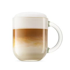 Coffee cappuccino with whipped milk cap in transparent glass mug isolated. Transparent PNG image.