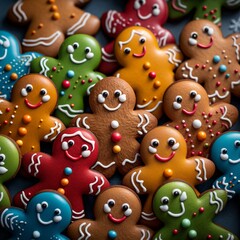 Fototapeta na wymiar Closeup of many gingerbread men cookies, top view, Christmas (Generative Ai)