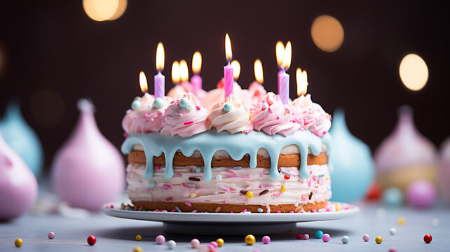 Celebration birthday cake with colorful sprinkles and twenty one colorful birthday candles. Generative AI