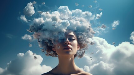 Artisitic image of woman's head with closed eyes and clouds instead of hair in the sky experiencing spiritual uprise or avoiding stressful situations deep in meditation state - obrazy, fototapety, plakaty