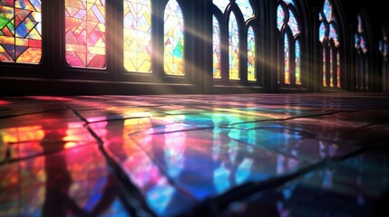 Floor reflection of colorful sun rays in the church