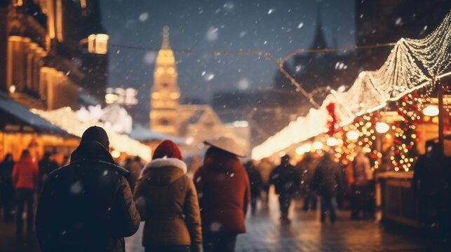 Christmas Market Illuminated in Big City Blur. Generative ai