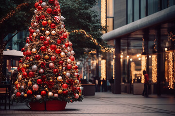 christams tree light in a urban street scene, festive  concept theme