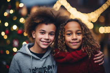 two young mixed race friends kids smiling and looking at the camera, in a festive christmas winter atmosphere